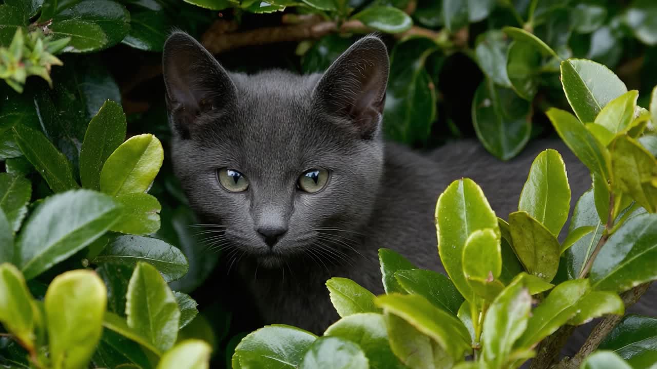 Un curioso gatto grigio che sbircia attraverso un folto fogliame verde, catturando l'essenza della natura e della giocosità in un tranquillo ambiente di giardino.