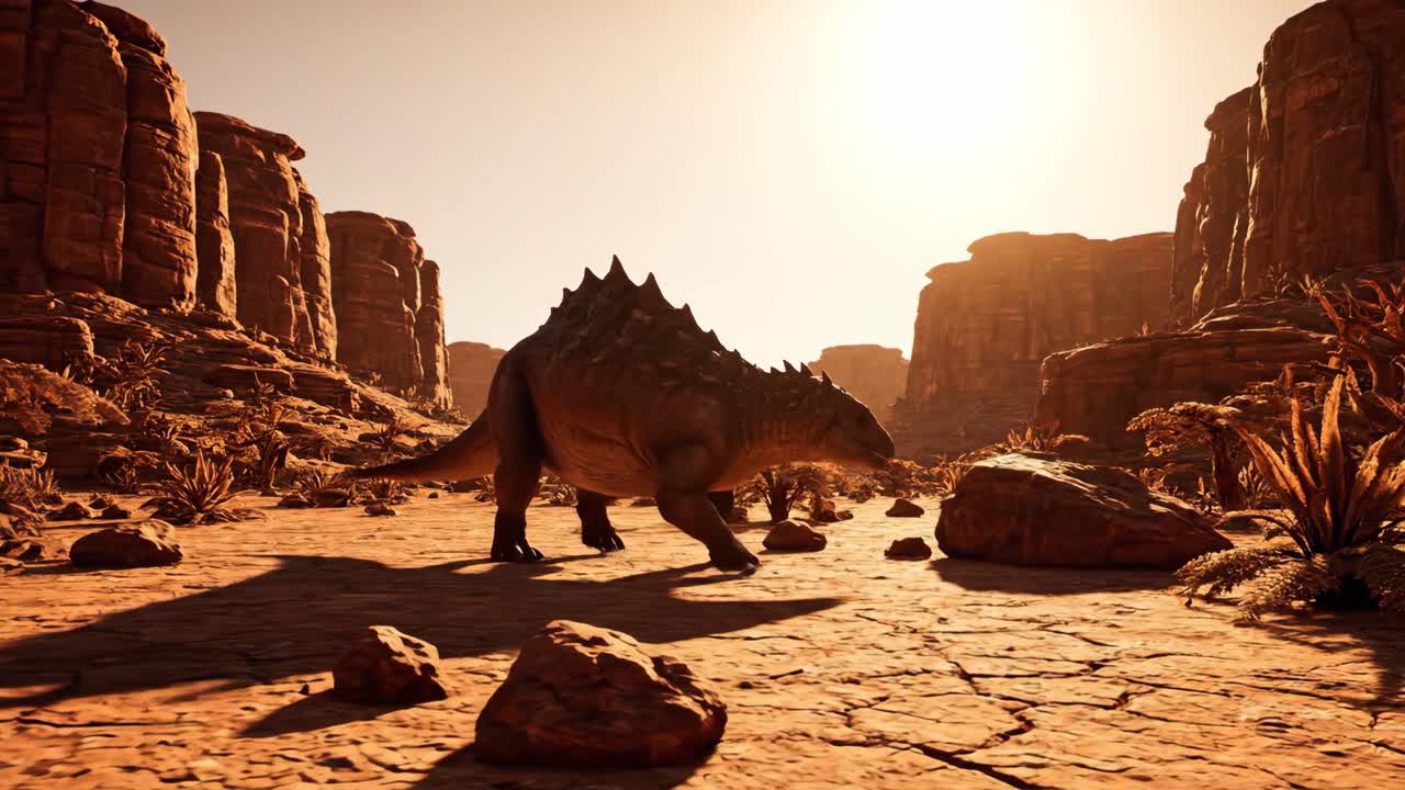 Dinosaur in a Desert Canyon Landscape