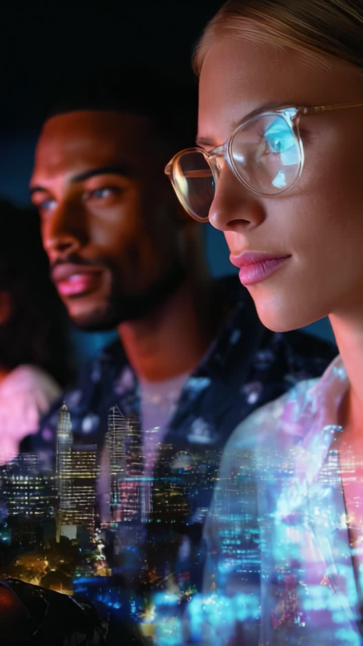 Una serata di riflessione: due persone che ammirano un vivace paesaggio urbano, vivendo momenti di riflessione e connessione nella moderna vita cittadina