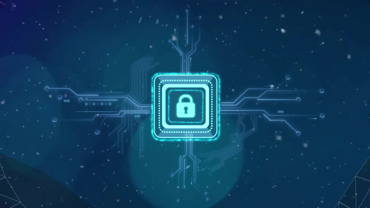 Animation of padlock icon with computer circuit board over snow and shapes on black background