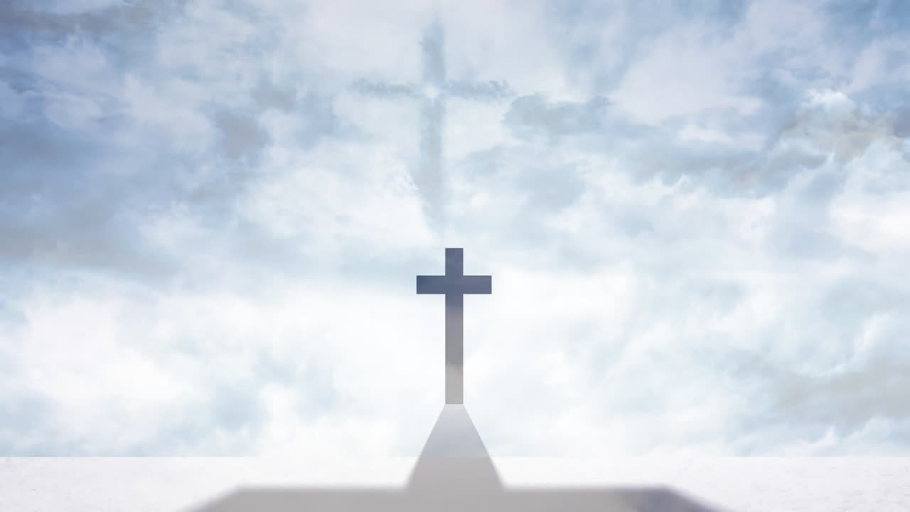 Cross casting shadow over cloudy sky, creating spiritual and serene animation