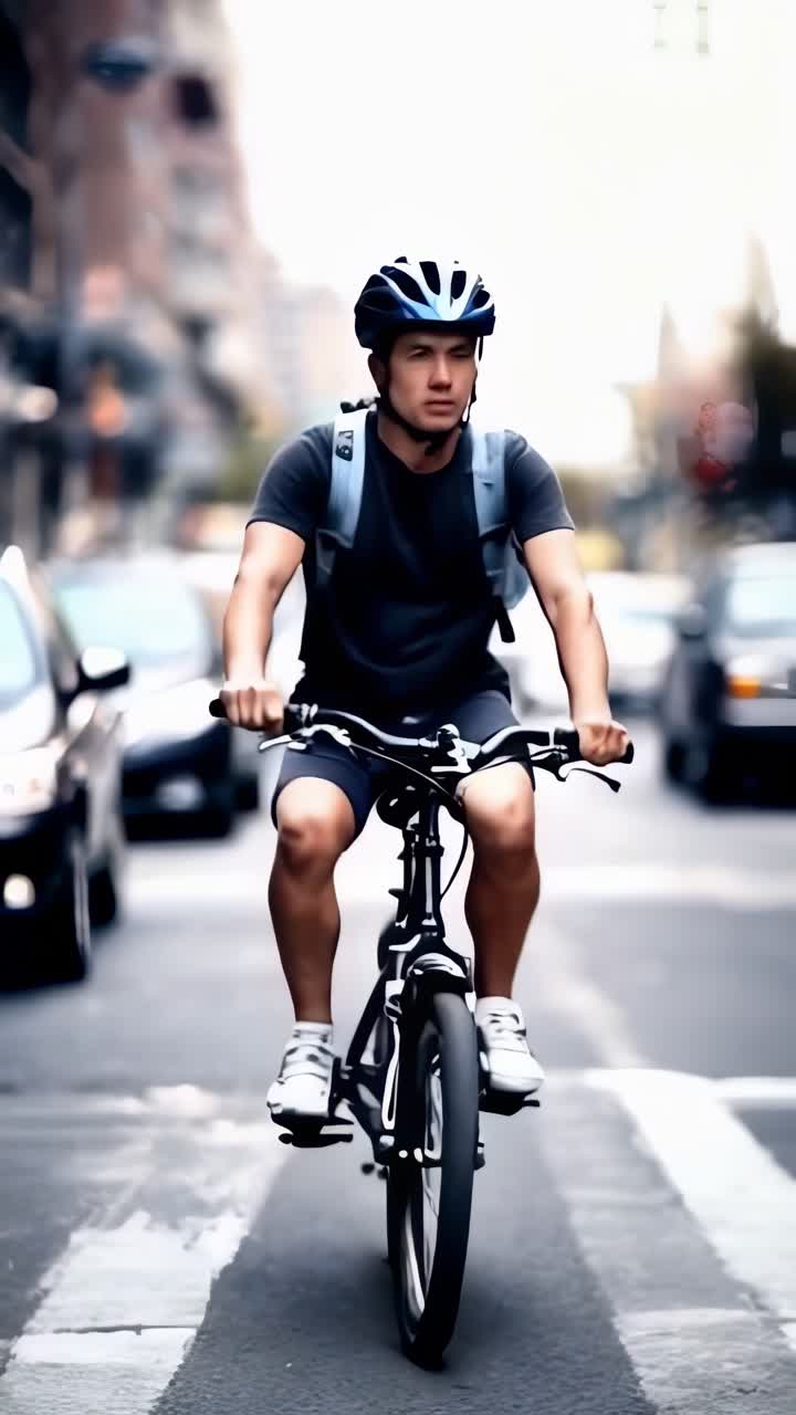 A man is riding a bicycle in the street. He is wearing a helmet and a backpack.