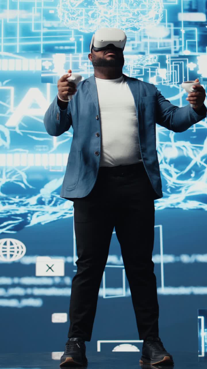 Vertical Video Young african american engineer focused on VR headset programming