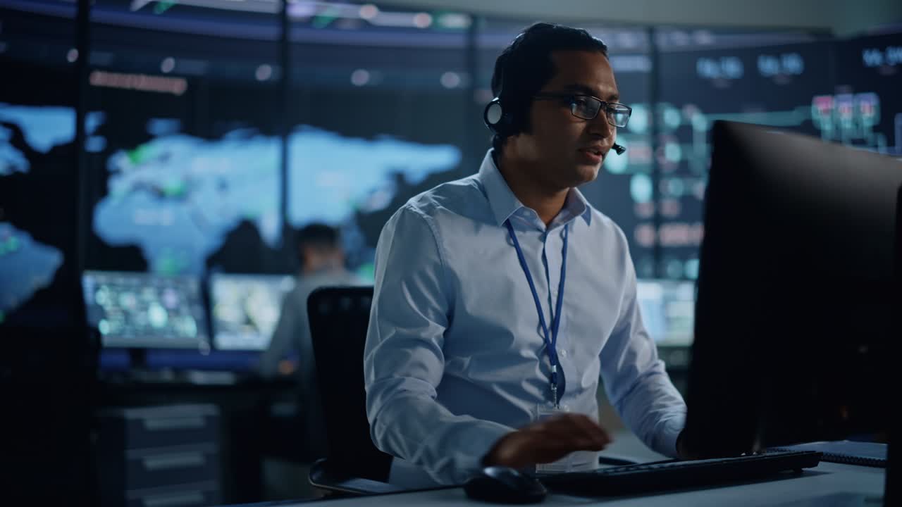 Portrait of Professional IT Technical Support Specialist Working on Computer in Monitoring Control Room with Digital Screens. Employee Wears Headphones with Mic and Talking on a Call.
