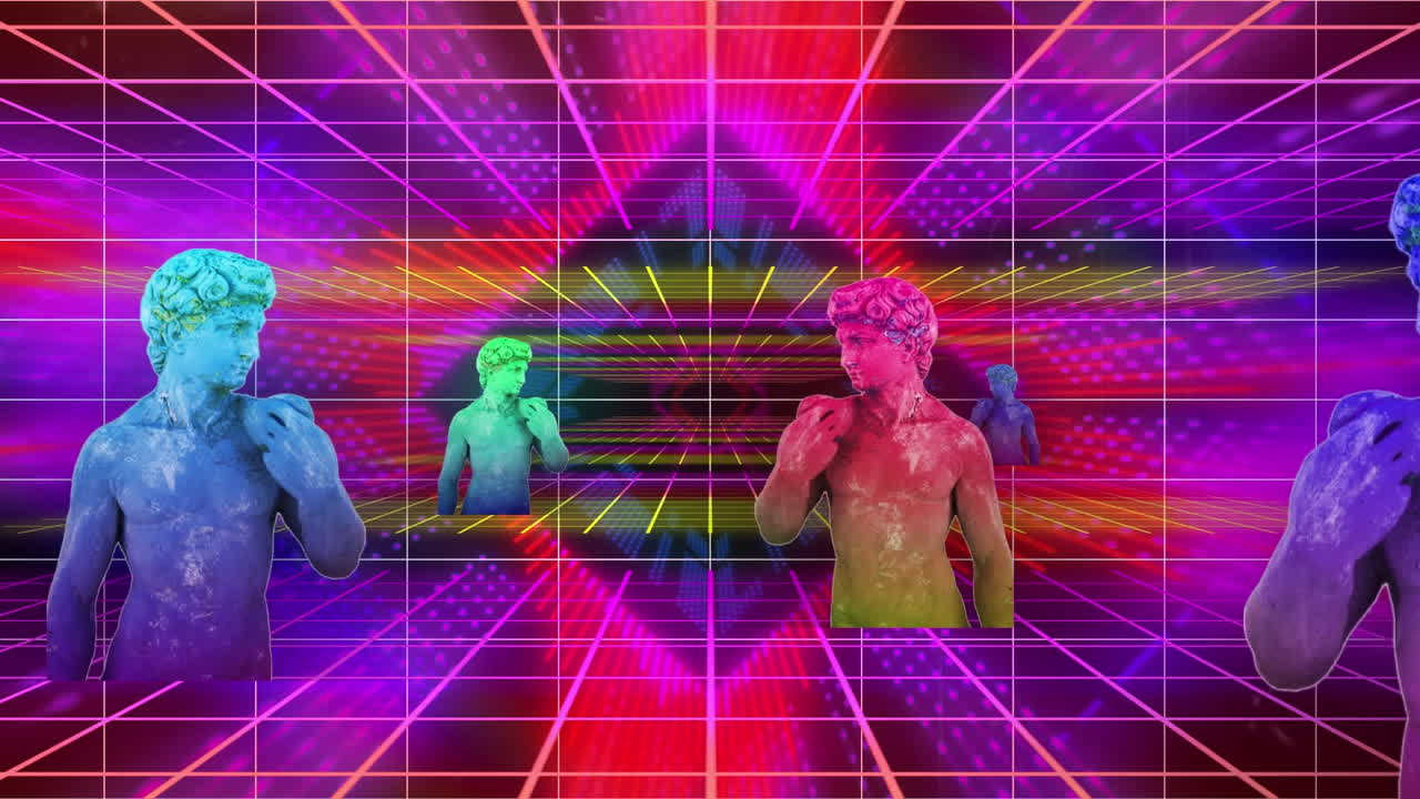 animación de esculturas con interferencia sobre formas coloridas sobre fondo negro.