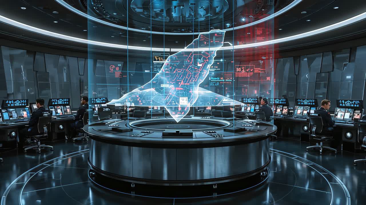 Futuristic Control Room with Holographic Aircraft Display