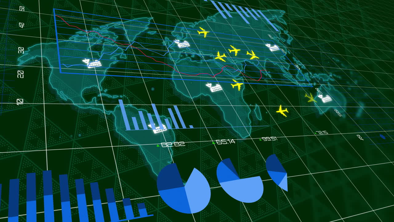 Airplane icons and bar graphs over world map, representing global air traffic data