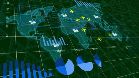 airplane icons and bar graphs over world map, representing global air traffic data