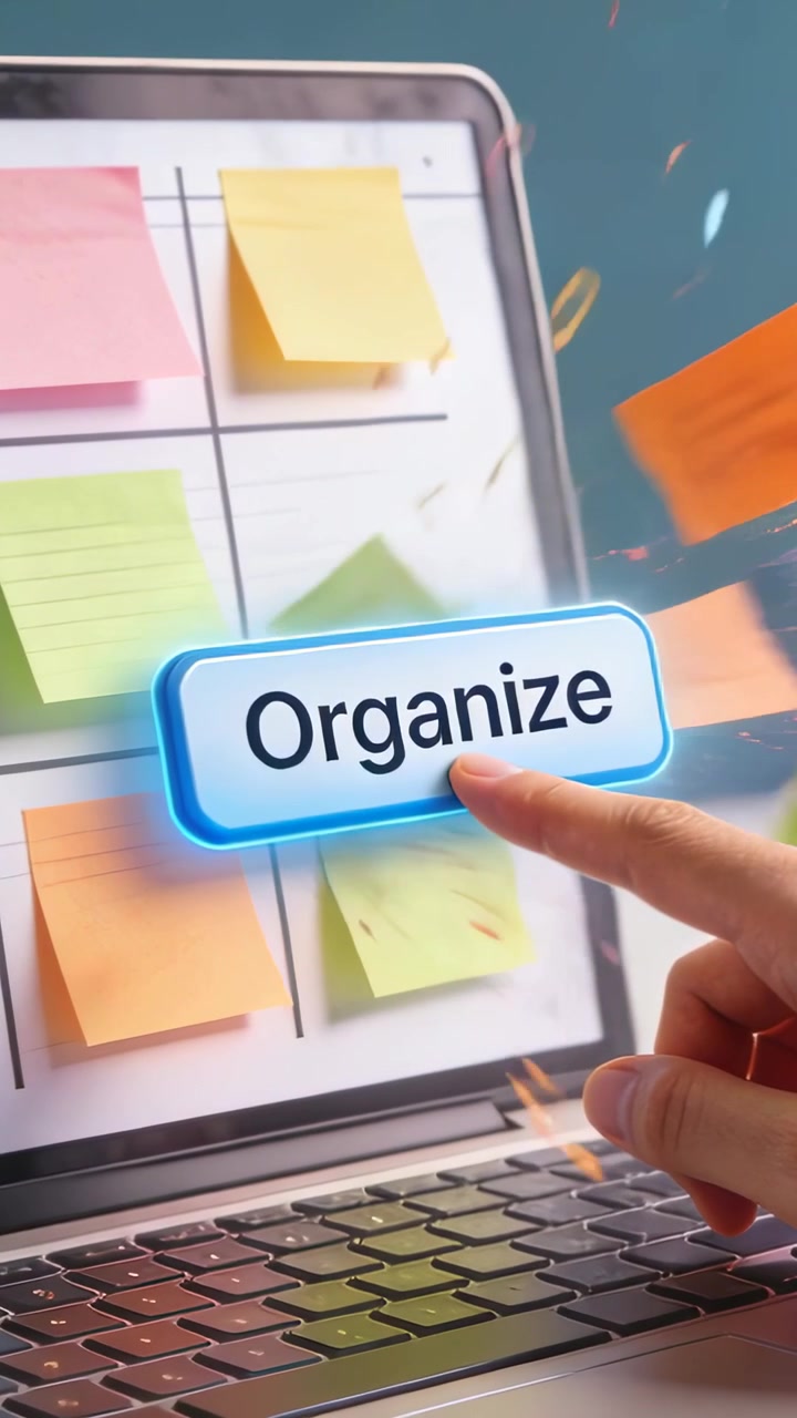 Vertical video: Hovering right finger pressing Organize on laptop at desk to sort sending notes