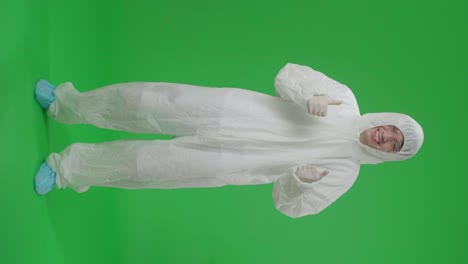 full body of asian male wearing personal protective equipment uniform ppe and showing thumbs up in green screen studio