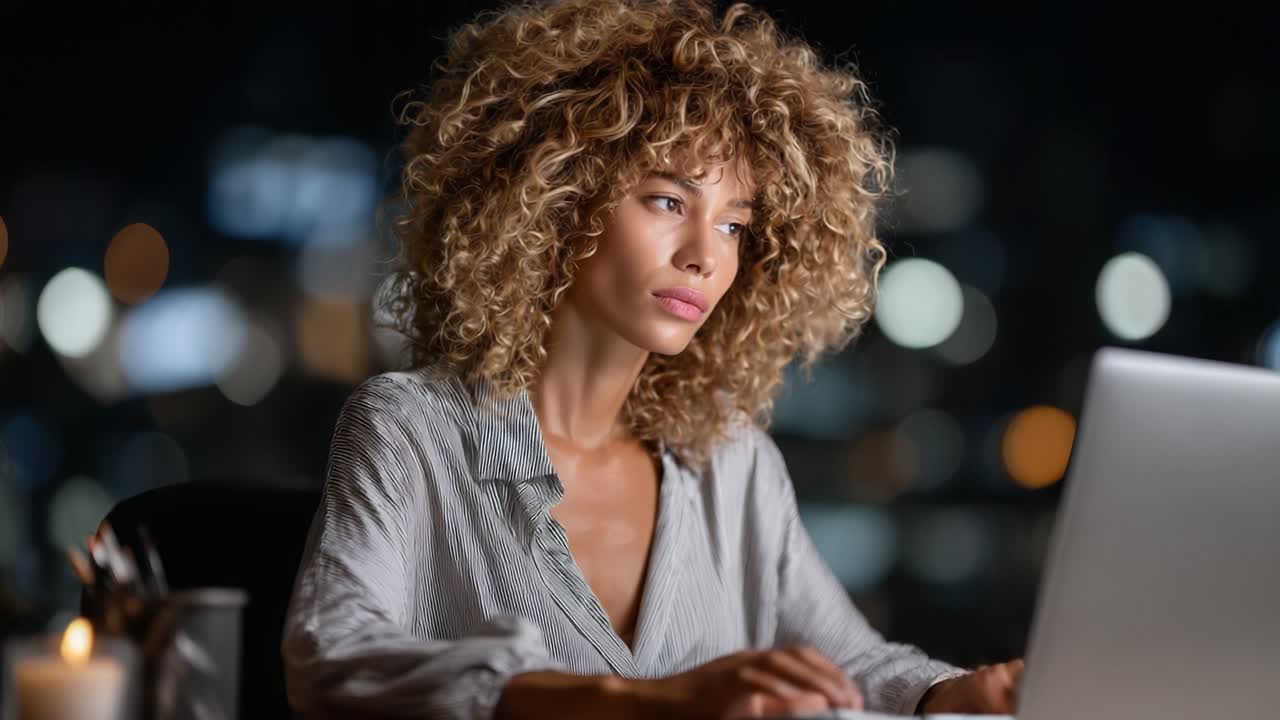 Focused Woman Working on Laptop During Nighttime in Urban Setting: A Beautiful Scene of Productivity and Determination with a Soft Glow from Background Lights