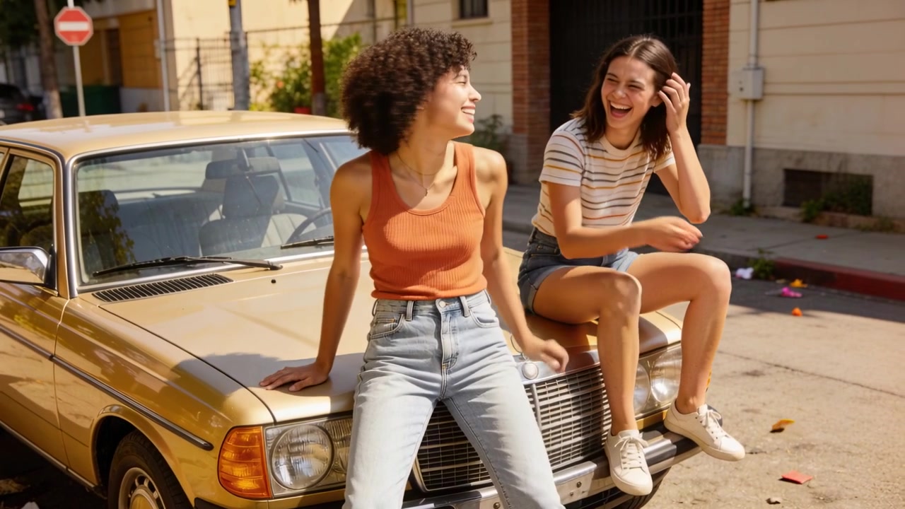 La donna a sinistra che gesticola e provoca risate, due donne che chiacchierano su una strada soleggiata sopra un cofano dorato, vestite in denim.