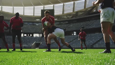 rugby players playing rugby match in stadium 4k