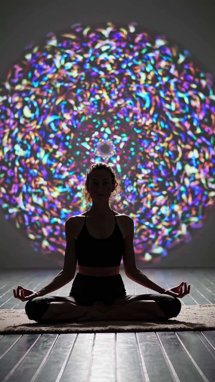 Donna in meditazione in posizione del loto con proiezione di mandala colorato