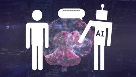 animation of human representation and ai text in robot, binary codes in speech bubble over brain