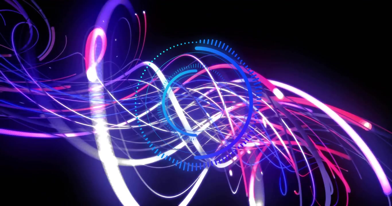 Waveform appearing in black void pulsing neon ribbons weaving around ring showing audio energy