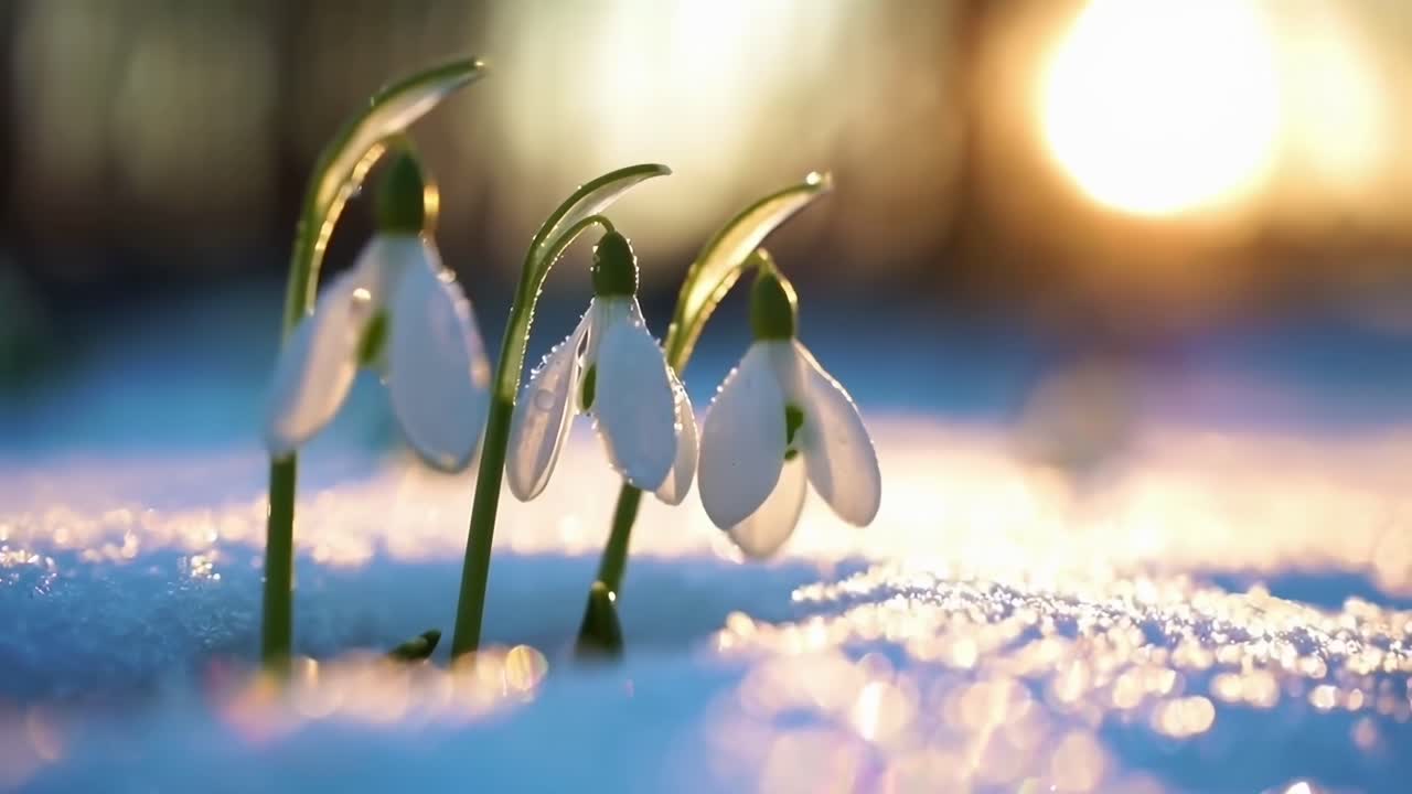 Video ravvicinato di bucaneve nella neve all'alba, che cattura bellezza serena e calore