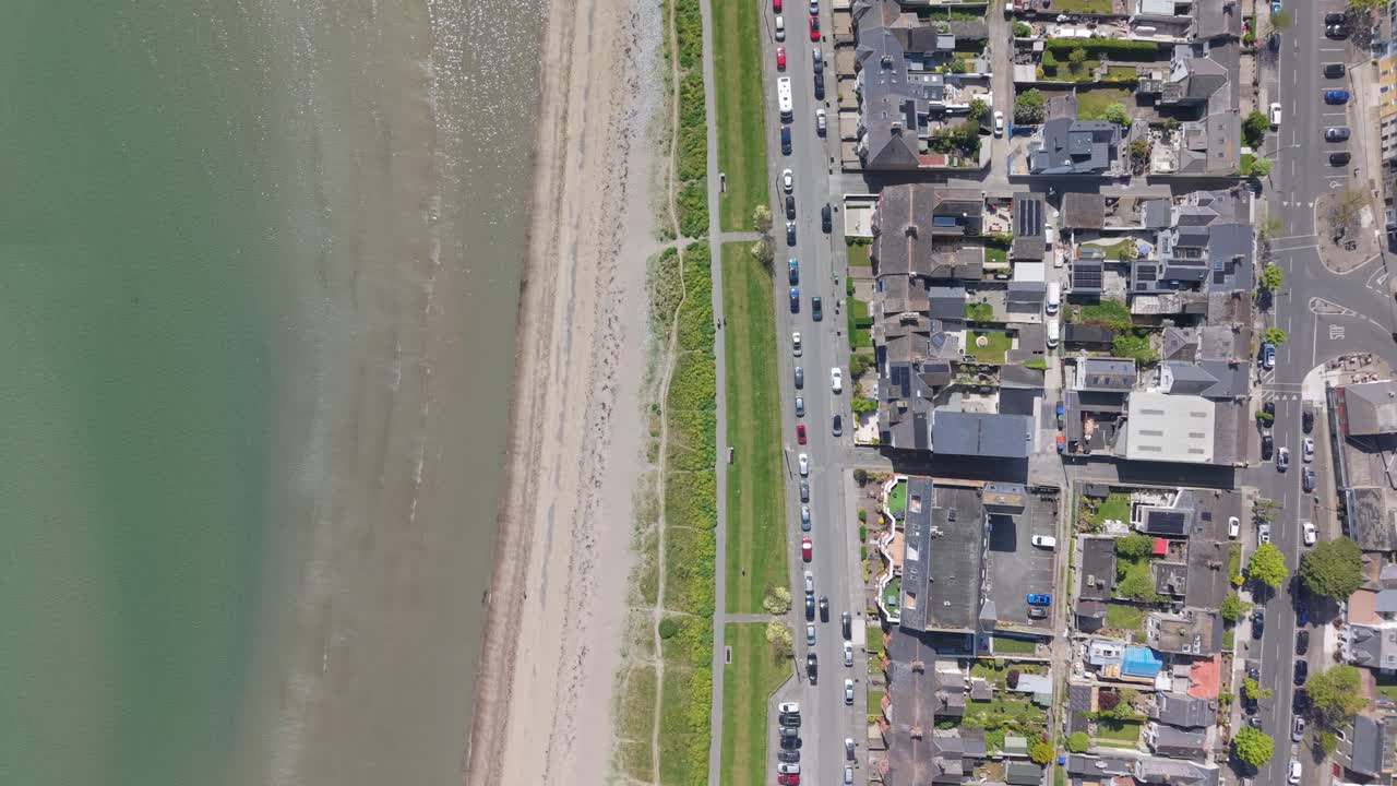 Aerial view of Skerries coastal town, Dublin, showing beach and streets