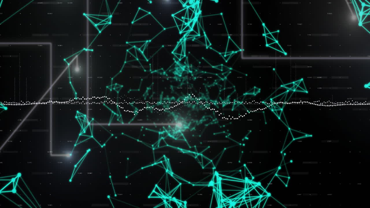 Animation of data stream processing over glowing green networks on black background