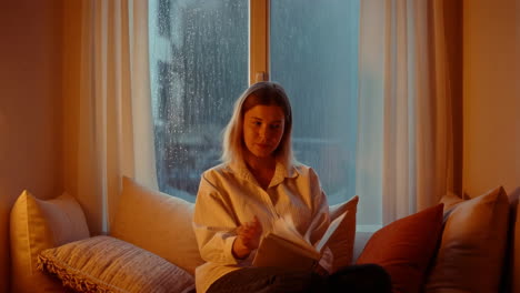 woman reading a book by the window on a rainy night
