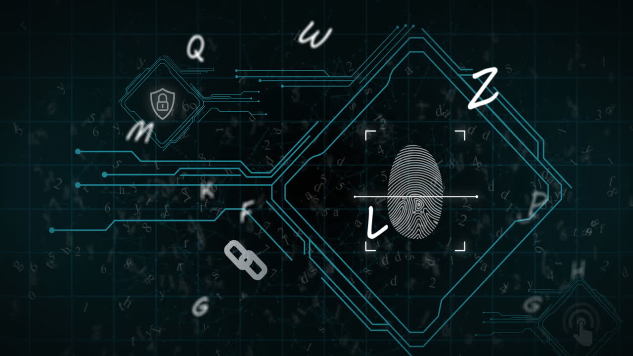 анимация плавающих букв над значком отпечатка пальца на черном фоне