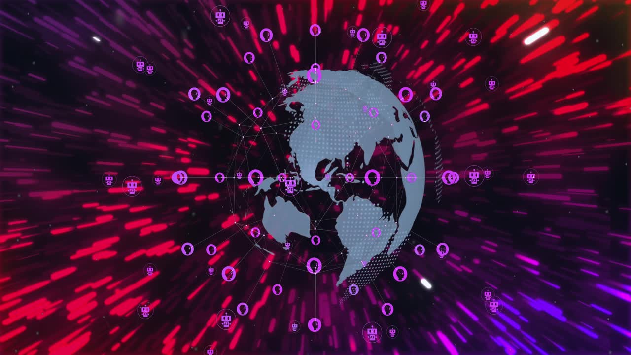 animación de un procesamiento de datos con iconos, globo y red de conexiones