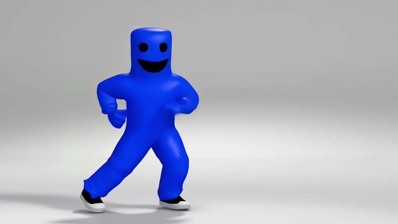 Energetic blue inflatable tube man character dancing with playful, joyful moves on white backdrop, performing seamless animated performance with vibrant rhythm and dynamic motion