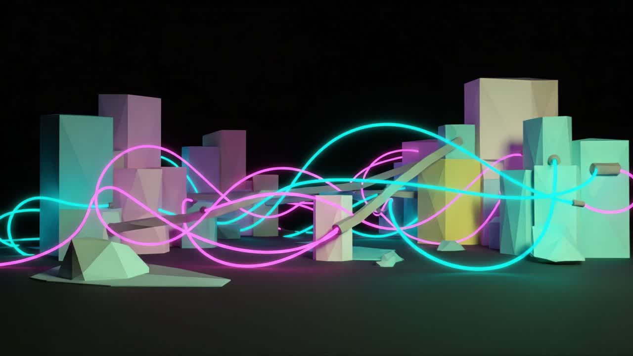 Abstract Composition of Geometric Shapes Illuminated with Vibrant Neon Lights in a Dark Environment: A Modern Visual Experience