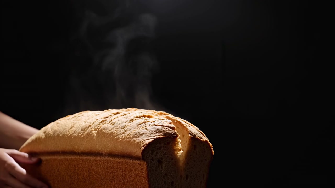 A mid sequence frame shows a warm loaf with visible steam rising in a dimly lit kitchen