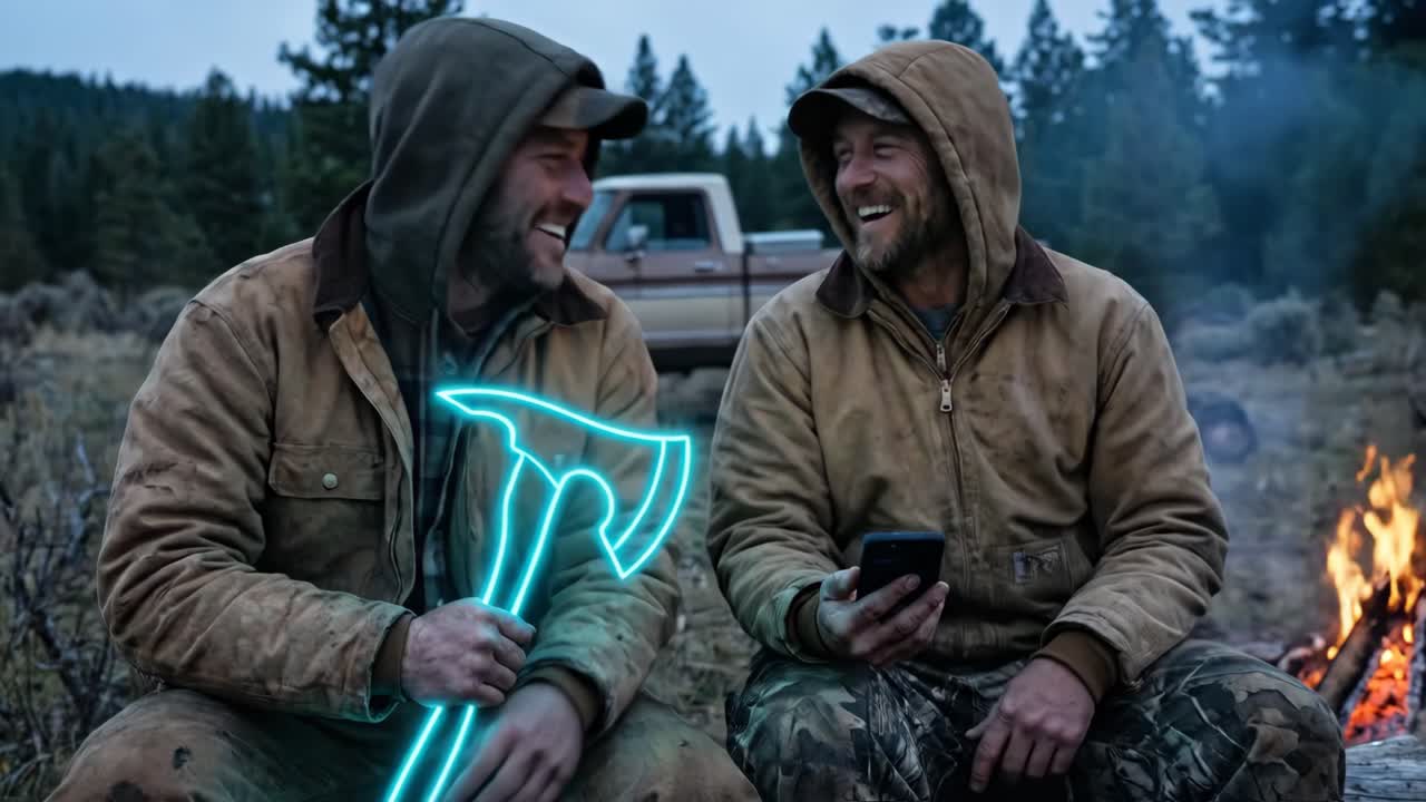Amici sorridenti accanto al fuoco da campo, che guardano il telefono con l'ascia luminosa