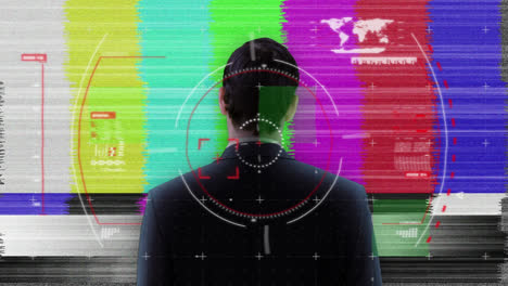 animation of tv glitch and viewfinder over back of caucasian man