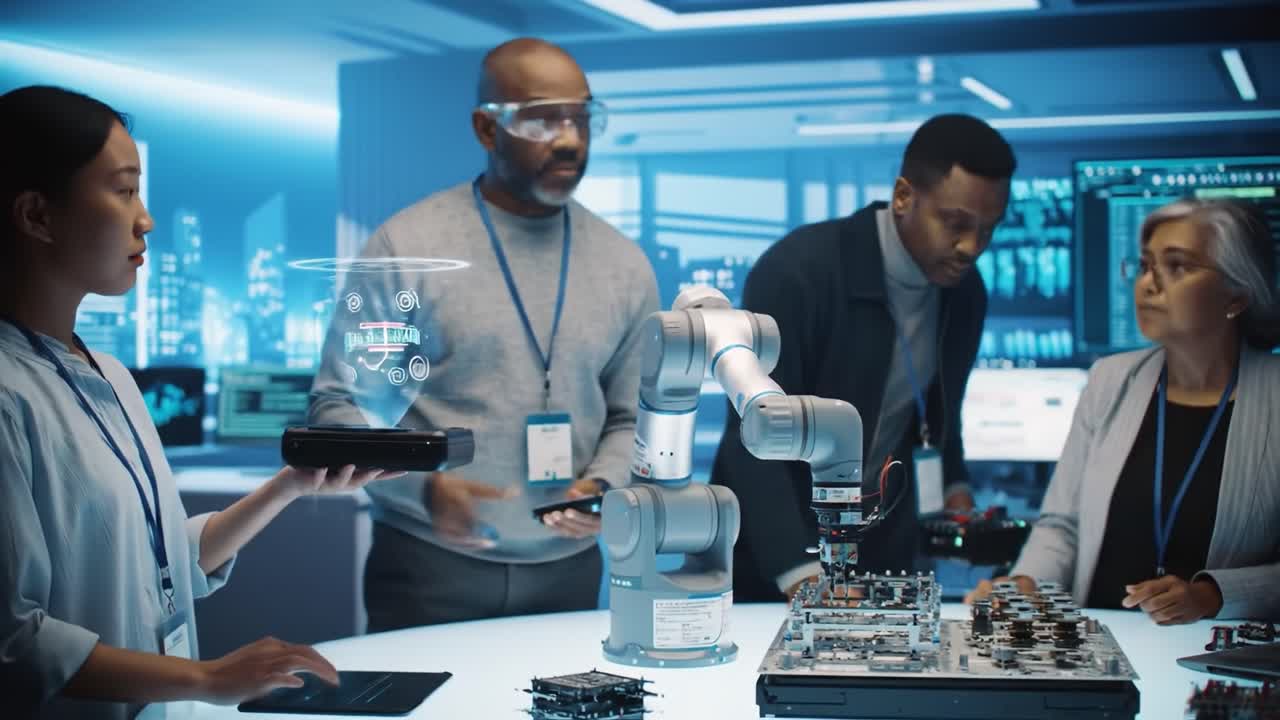 Group of professionals work together in a modern research lab, utilizing robotics and technology to innovate solutions. They discuss ideas and manipulate equipment while collaborating effectively.