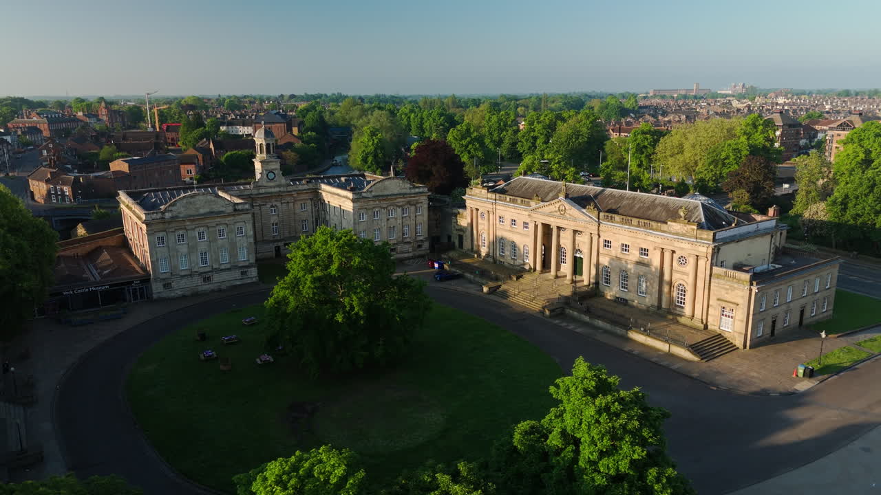 Establishing Drone Shot of York Crown Court and Castle Museum on Summer Morning UK