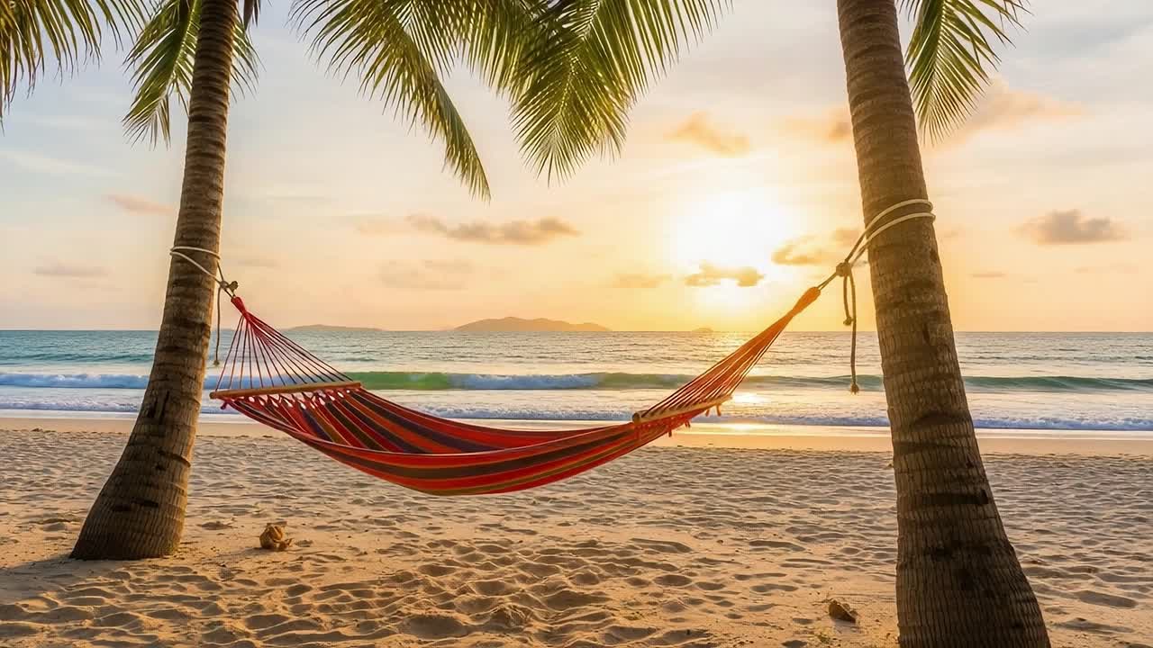A Serene Evening on the Beach, Featuring a Colorful Hammock Nestled Between Palm Trees as the Sun Sets Over Calm Waters, Creating a Tranquil and Relaxing Atmosphere