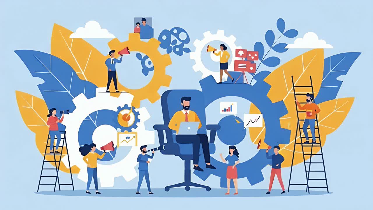 Large Team Collaborating on a Business Project with Gears