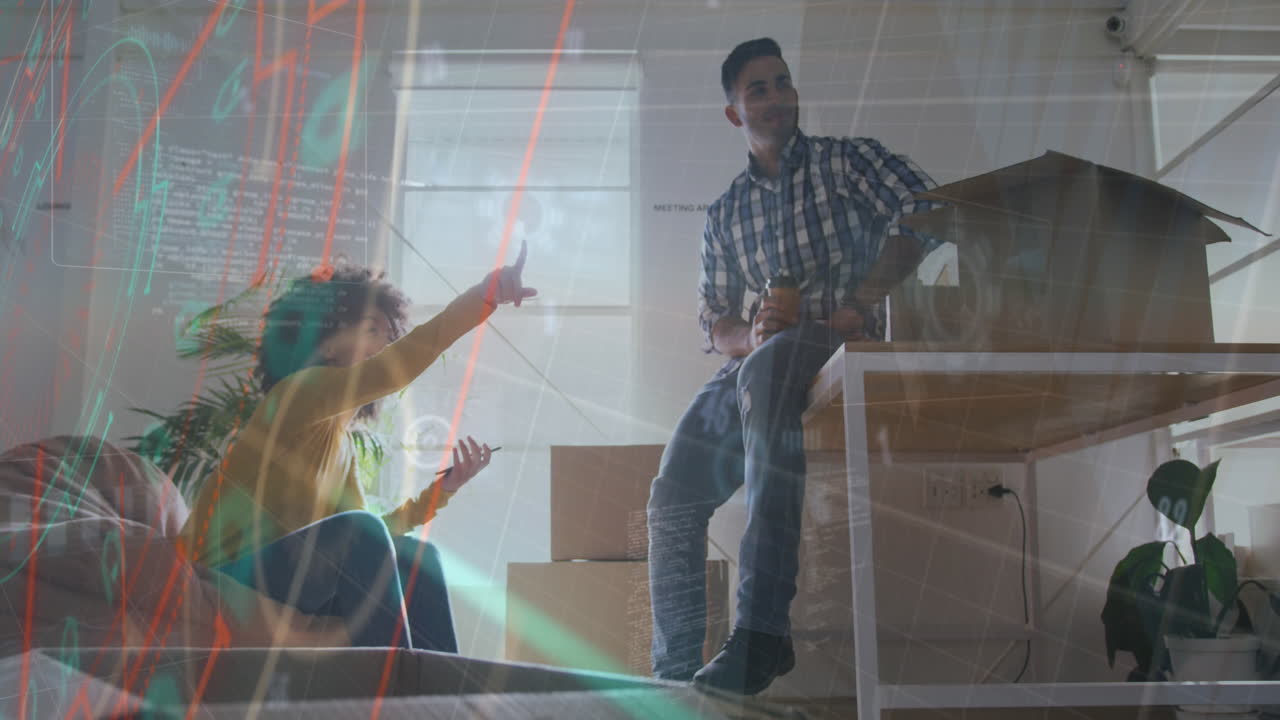 Animation der Finanzdatenverarbeitung über verschiedenen Geschäftsleuten