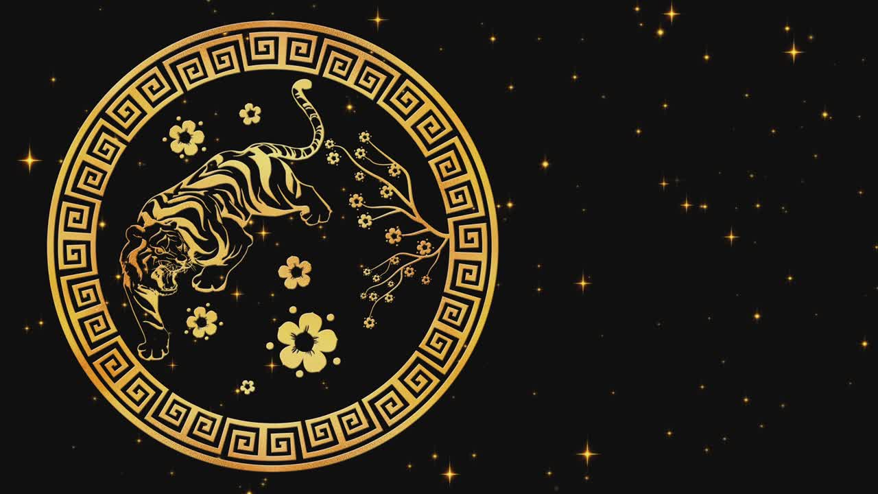 feliz año nuevo chino 2022, signo del zodiaco tigre en fondo negro con estrellas doradas. festivales chinos. animación de video 4k. feliz año nuevo 2022, año del tigre