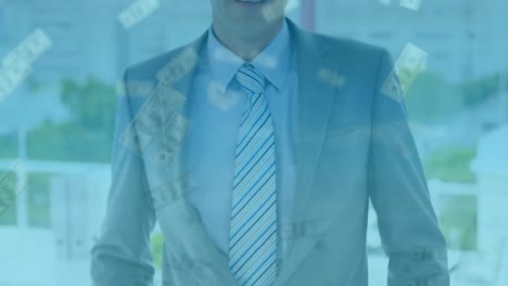animation of banknotes over caucasian businessman smiling