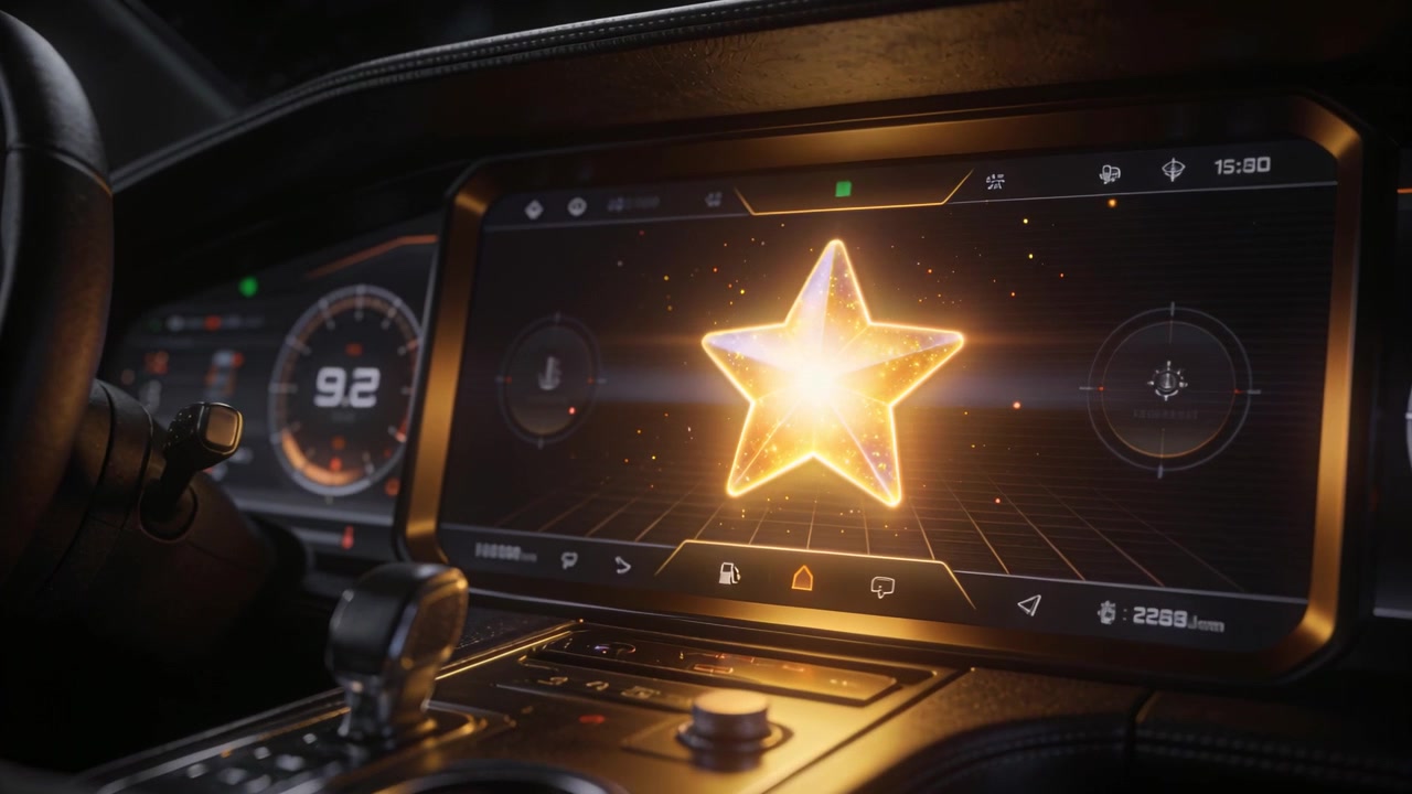 Mostra l'animazione di avvio dello schermo dell'infotainment nella cabina di guida, con una stella luminosa che rischiara gli indicatori