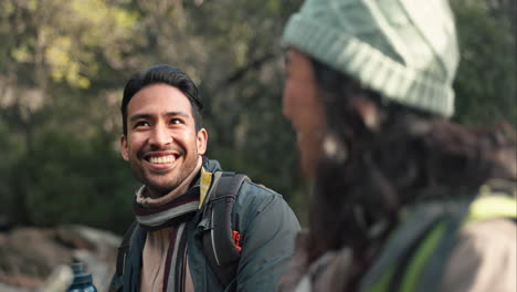 travel, hiking and happy with couple in forest