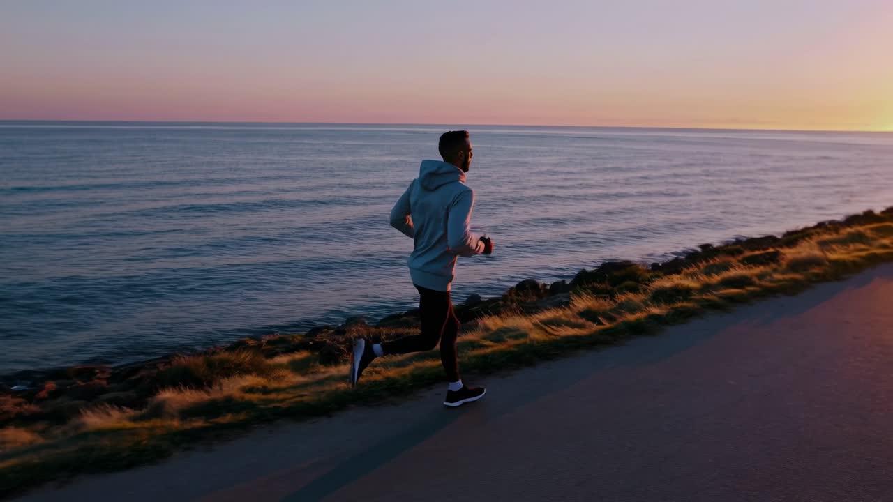 황금빛 해가 뜨는 동안 해안 도로를 따라 움직이는 헌신적인 달리기 선수, 활기찬 바다 전망과 신선한 아침 분위기를 가진 경치 풍경을 경험합니다.