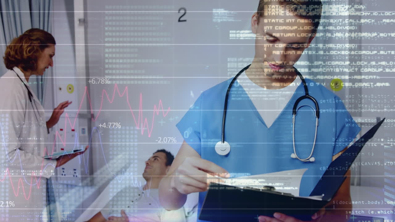 animación del procesamiento de datos entre dos médicos diferentes con pacientes