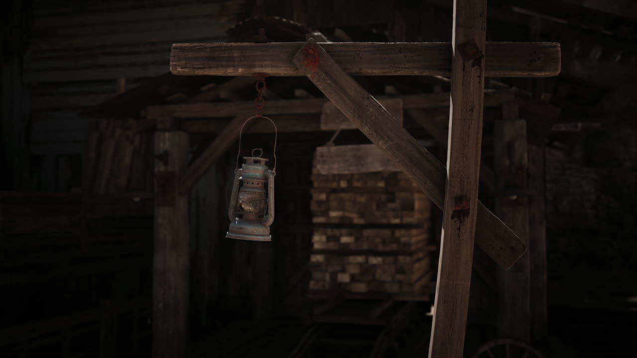 희미하게 밝은 환경에서 목조 구조물 근처에 매달린 시골 랜턴