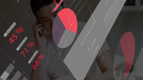 animation of statistical data processing against asian man talking on smartphone at home