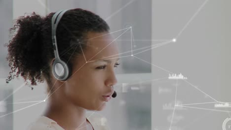 Animation-of-network-of-connections,-statistics-over-businesswoman-using-phone-headsets