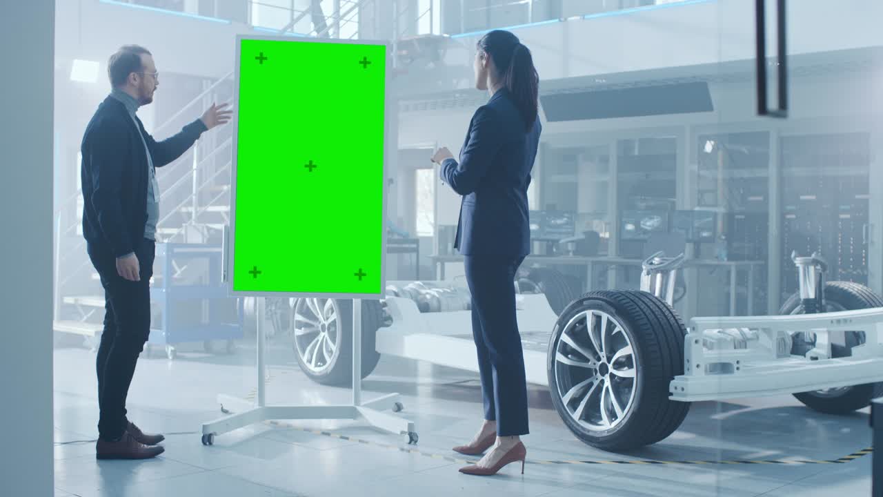 남성과 여성 설계 엔지니어가 차량 프레임과 함께 하이테크 실험실 시설에서 전기 자동차 차체 프로토타입 에 녹색 화면을 가진 인터랙티브 화이트보드에서 무언가를 논의하고 있습니다.