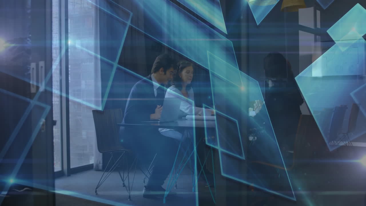 Professionals discussing business data around glass table, viewing floating blue AR charts