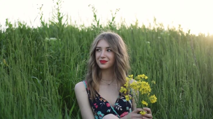 Woman sat in grassy field with bouquet of yellow flowers