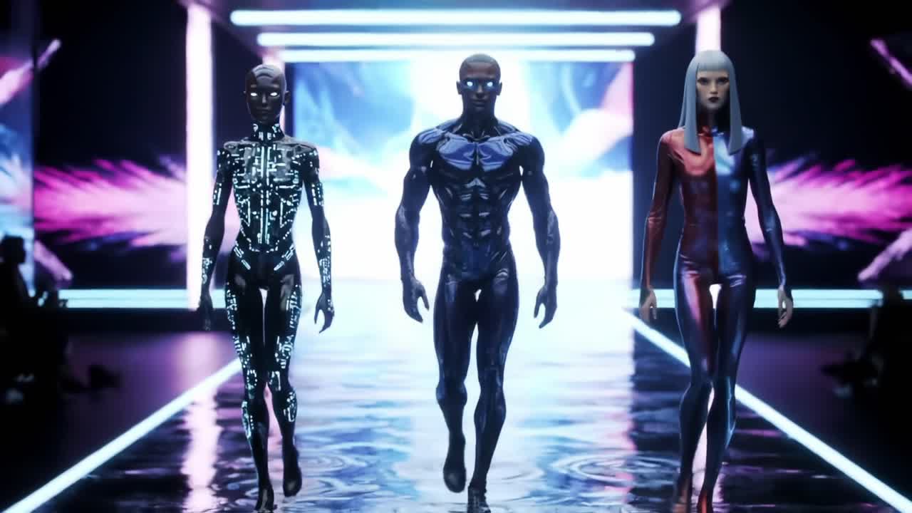 A striking futuristic fashion show featuring three highly stylized humanoid figures, showcasing a blend of technology and artistry on a sleek runway illuminated by dramatic lights
