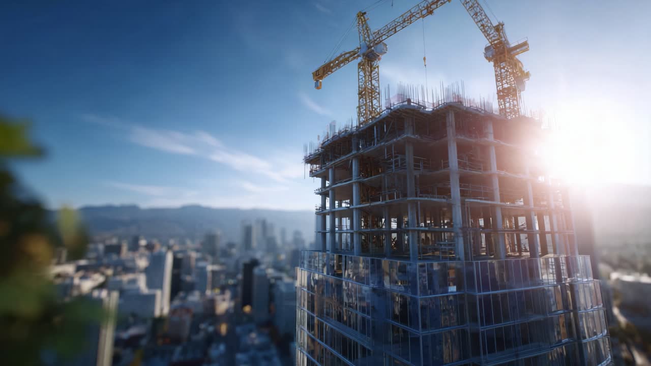 Construction Progress of a Modern Skyscraper with Cranes Against a City Skyline and Clear Sky in the Background Captured in Two Distinct Frames